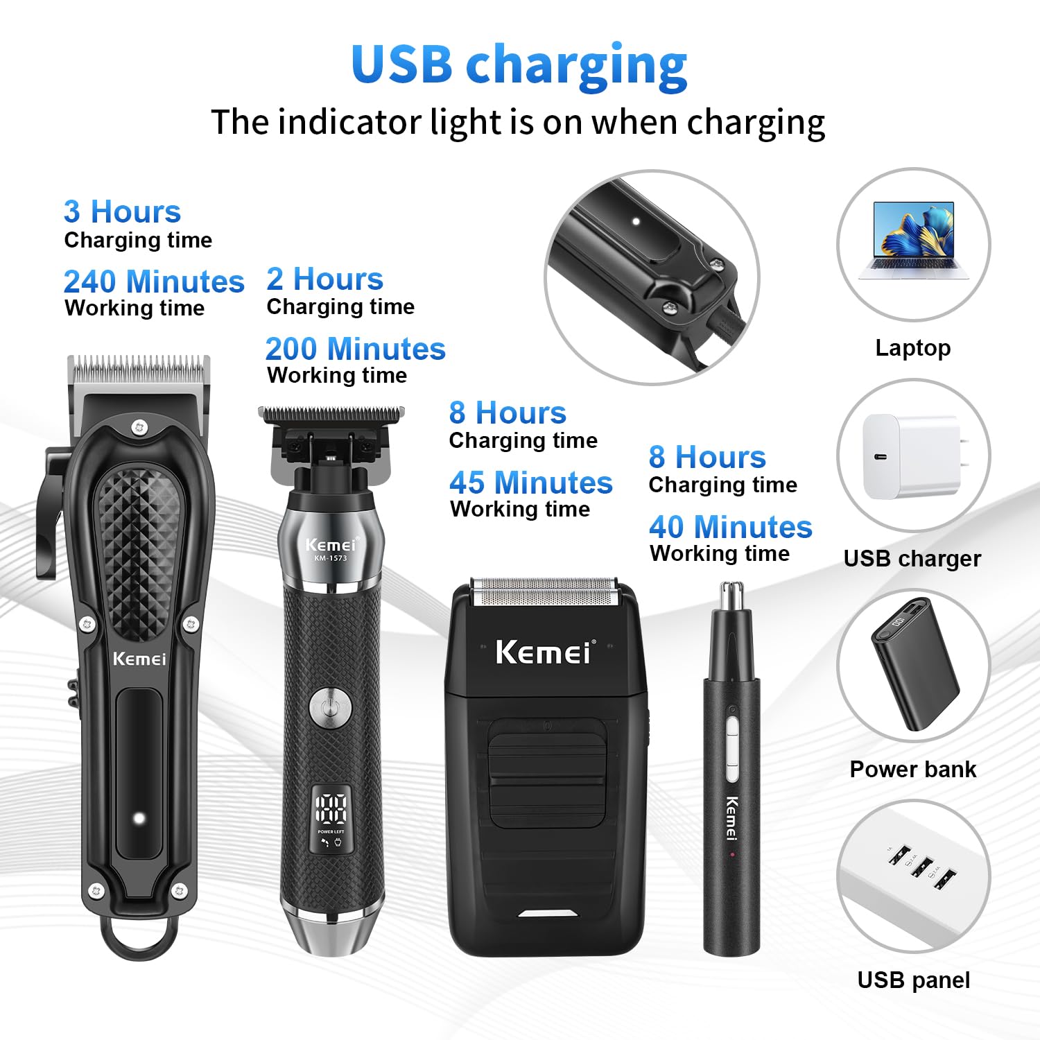 KEMEI Professional Hair Clippers for Men, Cordless Barber Clipper Beard Trimmer Foil Shaver Nose Eyebrow Ear Trimmer Set, USB Charging Complete Electric Hair Cutting Grooming Kit with 11 Guide Combs - Image 3