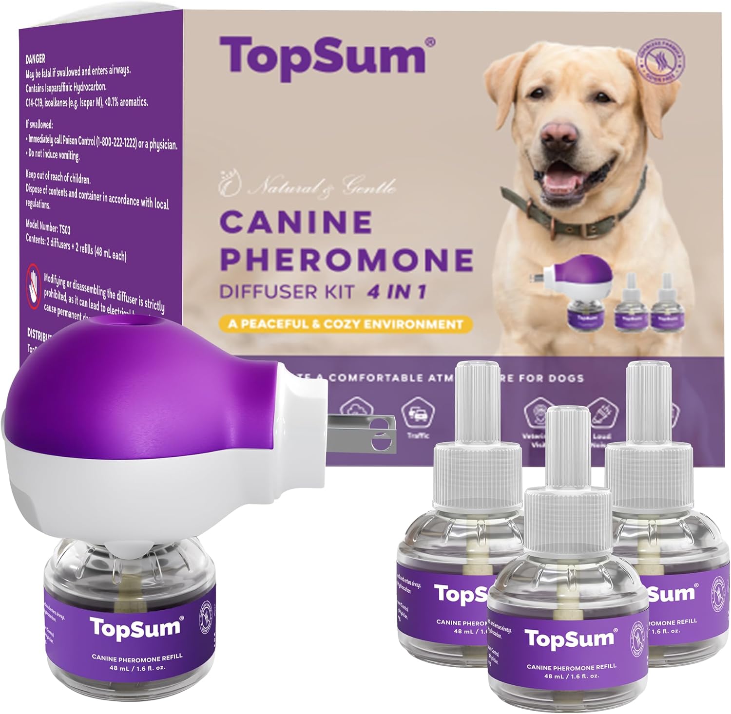 TopSum Pheromone Diffuser for Dogs: Premium Dog Calming Diffuser - Calming Pheromones for Dogs - Dog Appeasing Pheromone - Pet Calming Diffuser, 4 in 1 (Purple)