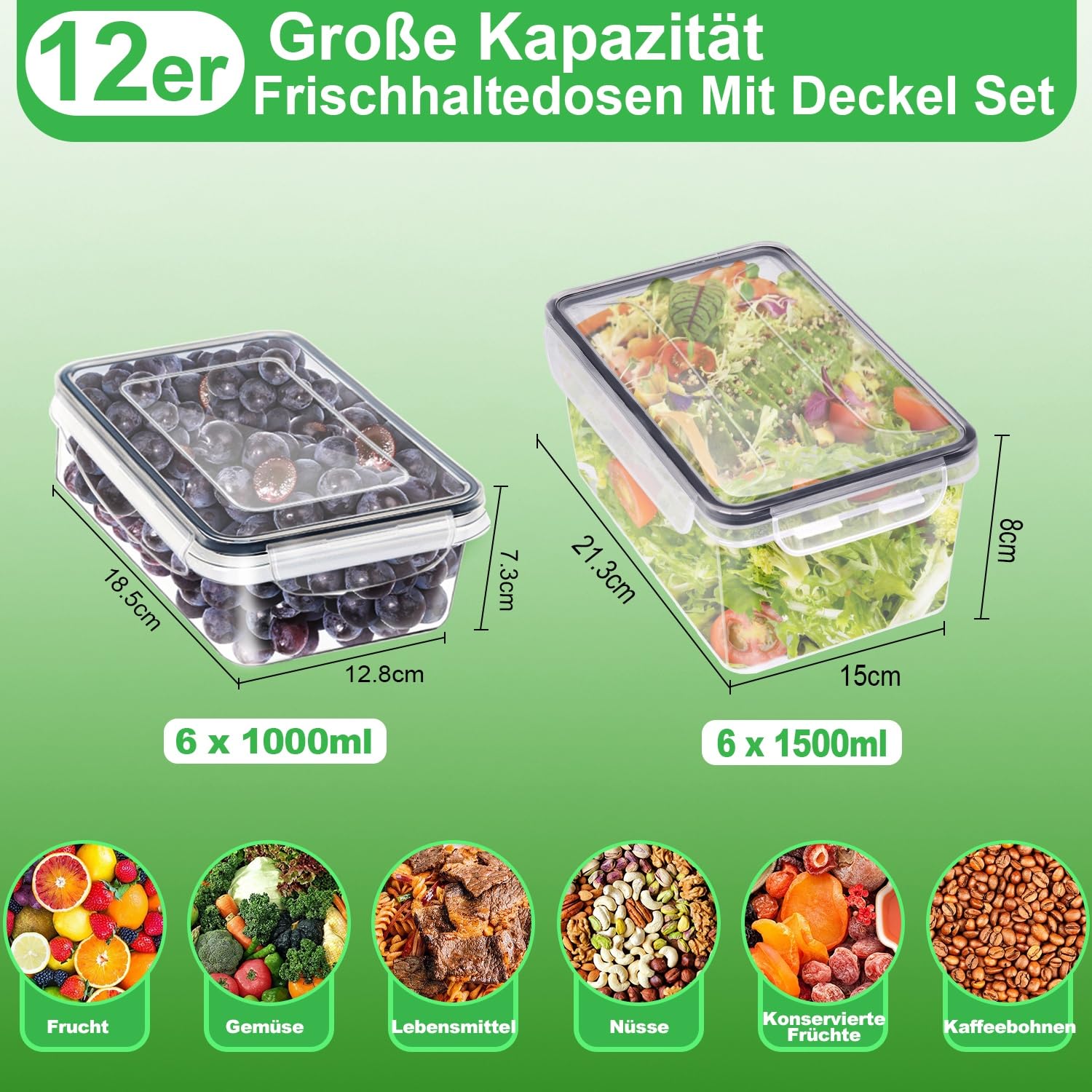 Kottwca Juego de recipientes herméticos con tapa, 12 piezas de gran capacidad (6 x 1000ml + 6 x 1500ml), cajas de preparación de comida para la cocina 100% a prueba de fugas, juego de fiambreras libre