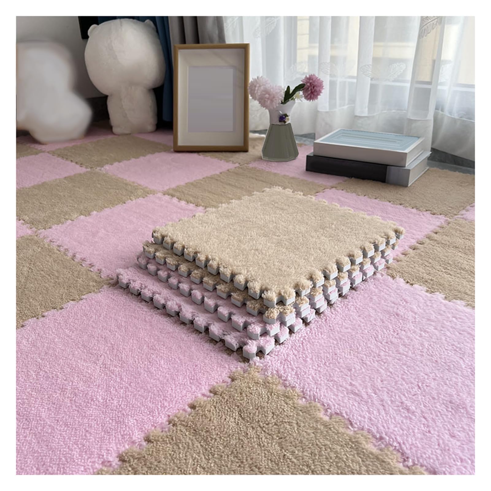Lot de 10 Tapis Doux à Poils Longs, Carreaux De Moquette Moelleux Imbriqués, Carreaux De Sol Antidérapants pour Jeu De Puzzle, Tapis Sensoriel pour Salle Sensorielle(Color:Rose+Café Clair)