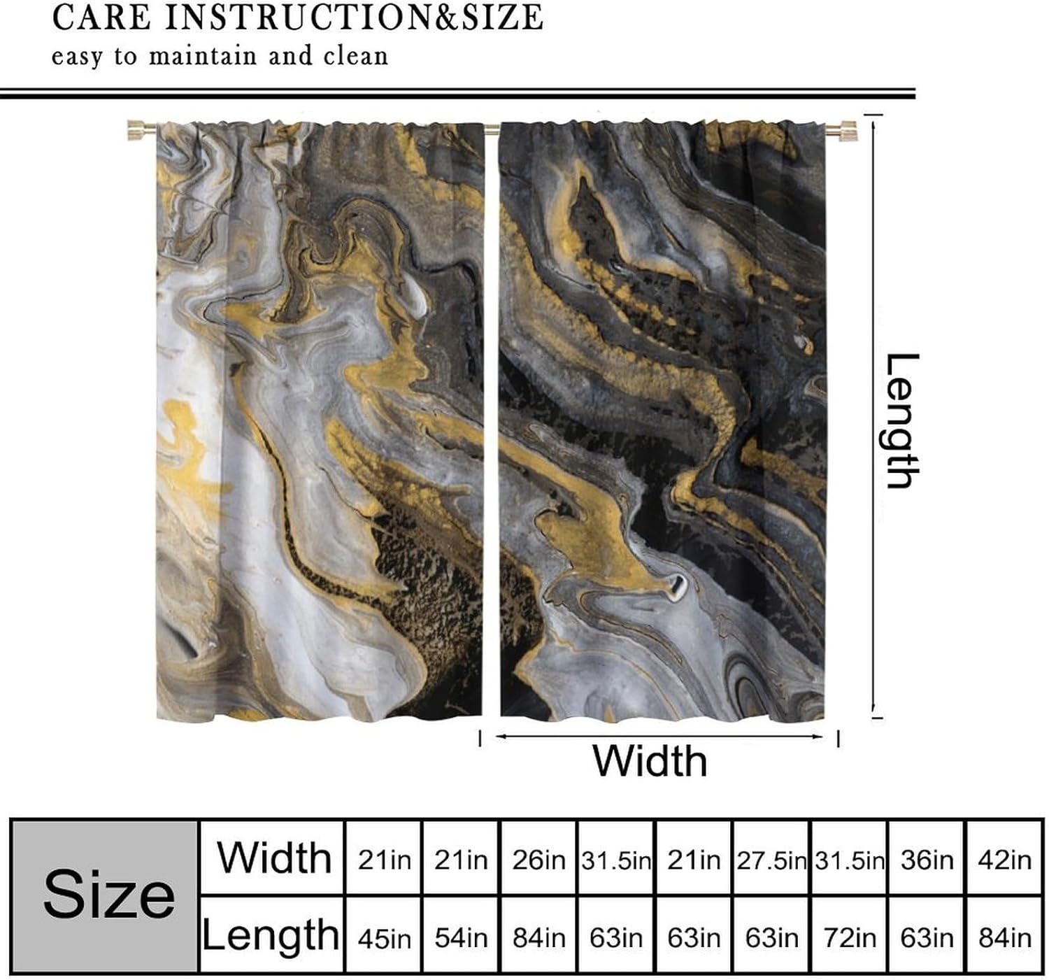 Black White Marble Texture Blackout Window Curtains, Grey Gold Vintage Stone Modern Art Print Window Drapes, for Living Room Bedroom 42" W X 45" L