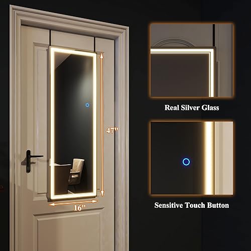 Miniatura 3 de GlasFlength Espejo de cuerpo completo con luces, espejo LED de 47 x 16 pulgadas, espejo de longitud completa con luces LED, espejo para colgar en la