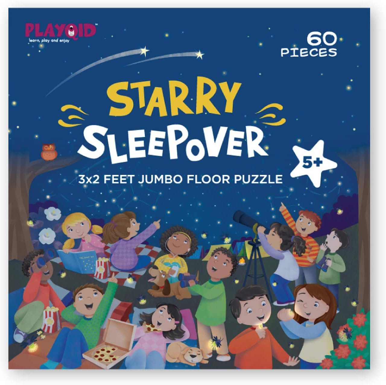 starry night camping jumbo oversized 60 pieces jigsaw floor puzzles for kids | 3 x 2 ft, for age 5+ | Sleepover tent slumber pajama themed birthday party favors