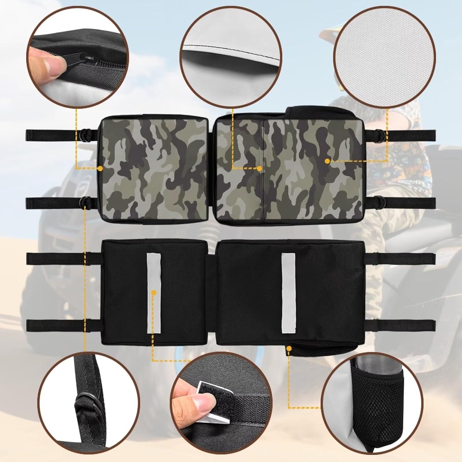 SEANATIVE Camo ATV Fender Bag Cargo Storage Bag 2 Pcs for Front and Rear Fender Beside Tank Rack – Durable UTV Accessories for Roll Cage and Bar Gear Organizer