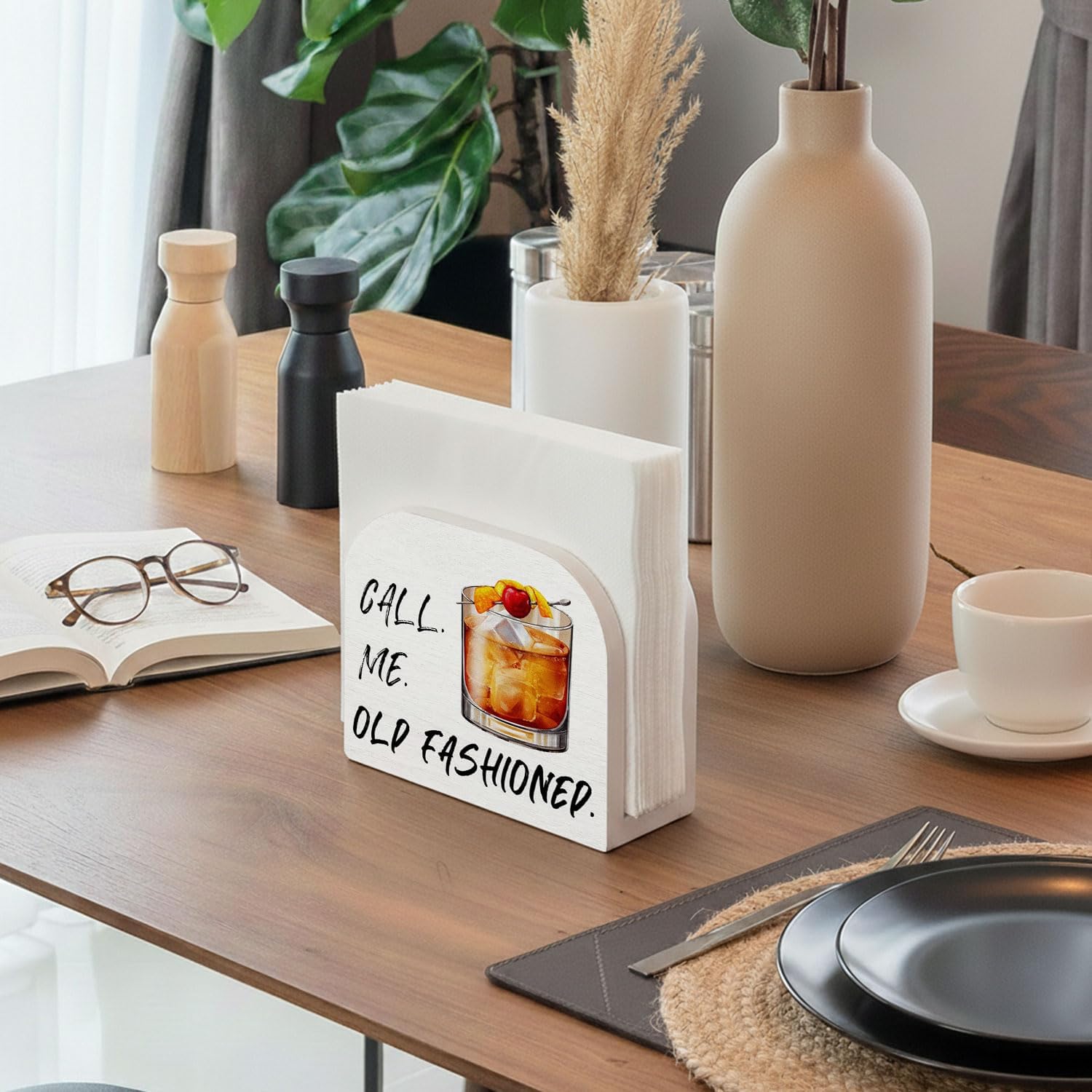 Old Fashioned Cocktail Wood Napkin Holder, Old Fashioned Drink Gifts Wooden Standing Napkin Dispenser for Table Kitchen Dining Room Party Bar Pub Lounge Decorations