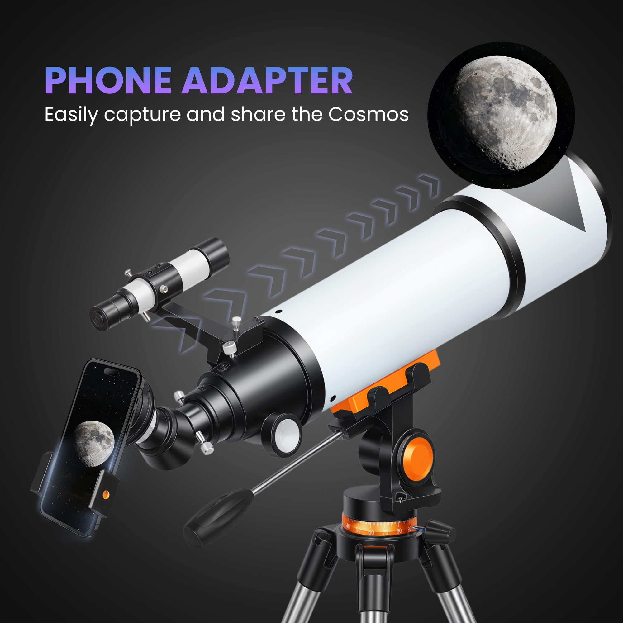 Outsunny Telescopio Astronómico con Apertura de 80mm/500mm, 40X/16X Telescopio Refractor Portátil con Adaptador de Teléfono, Estuche de Transporte, Trípode de Altura Ajustable para Adultos, Blanco y