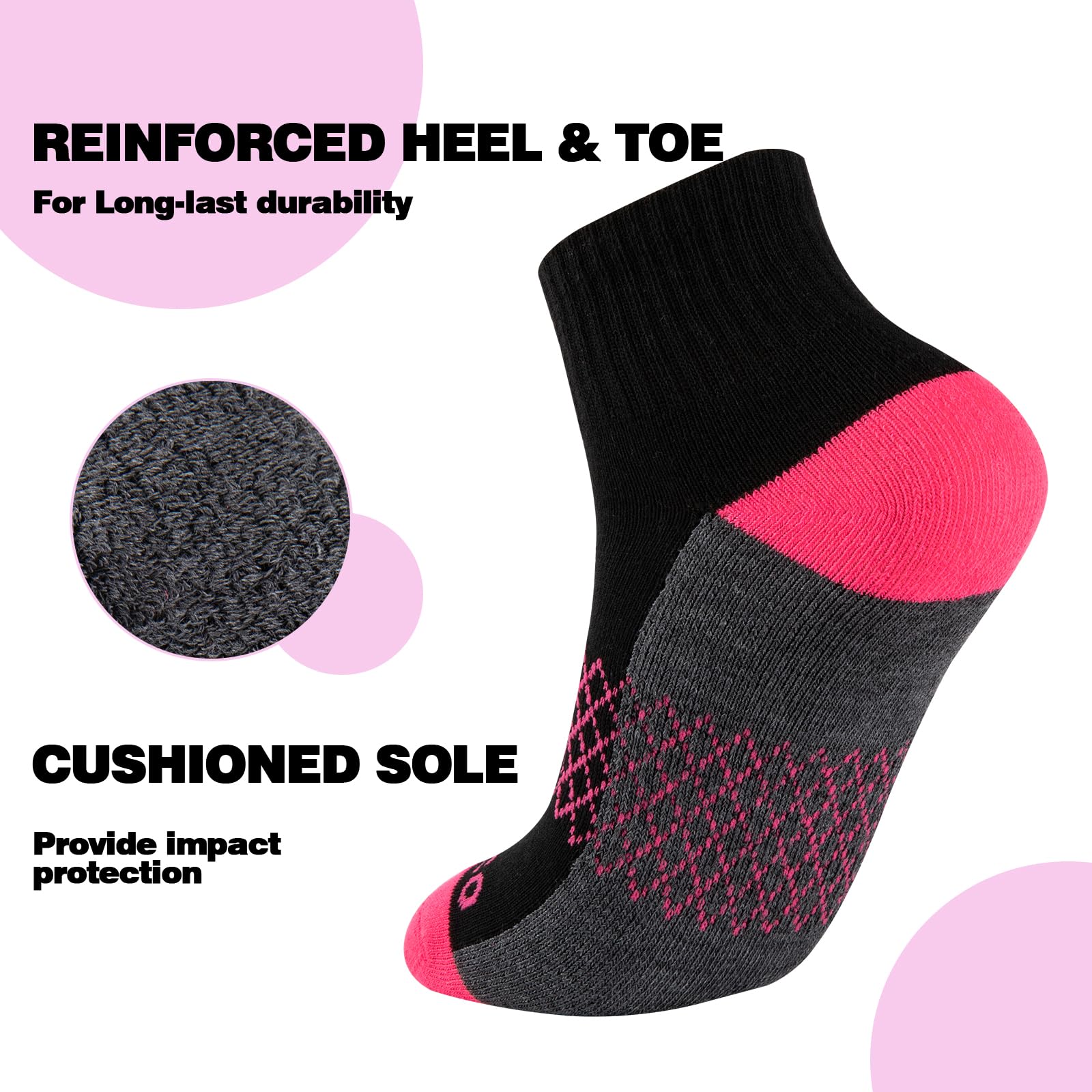 eallco Calcetines deportivos para mujer, calcetines acolchados de un cuarto para correr, senderismo, deportes, 6 pares, 6 pares negro, Talla única