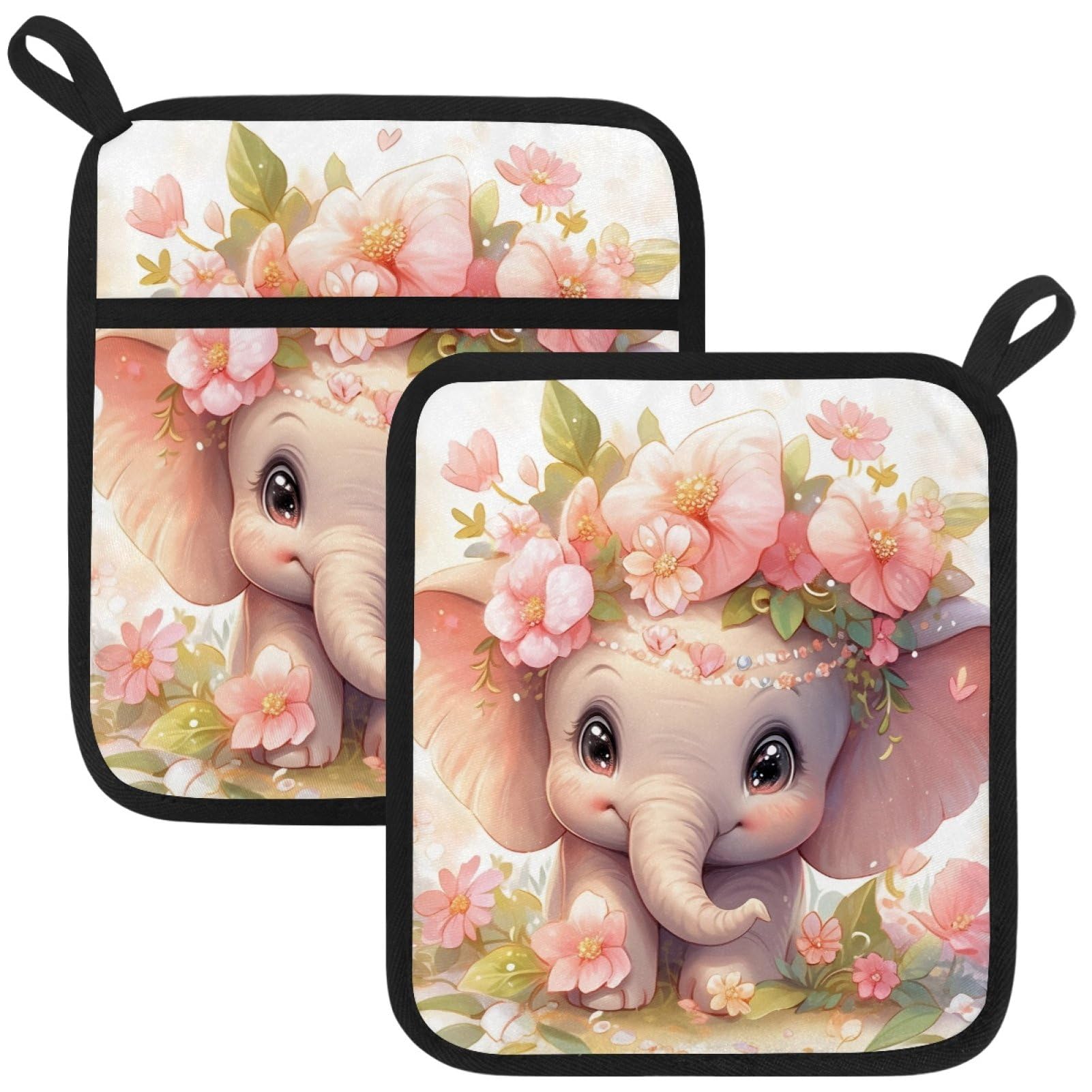 VAPOKF Elephant Flower Heat Resistant Pot Holders, Thick Pot Holders Pad with Hanging Loop for Kitchen, Oven Cloth Pads for Kitchen Baking Microwave Oven