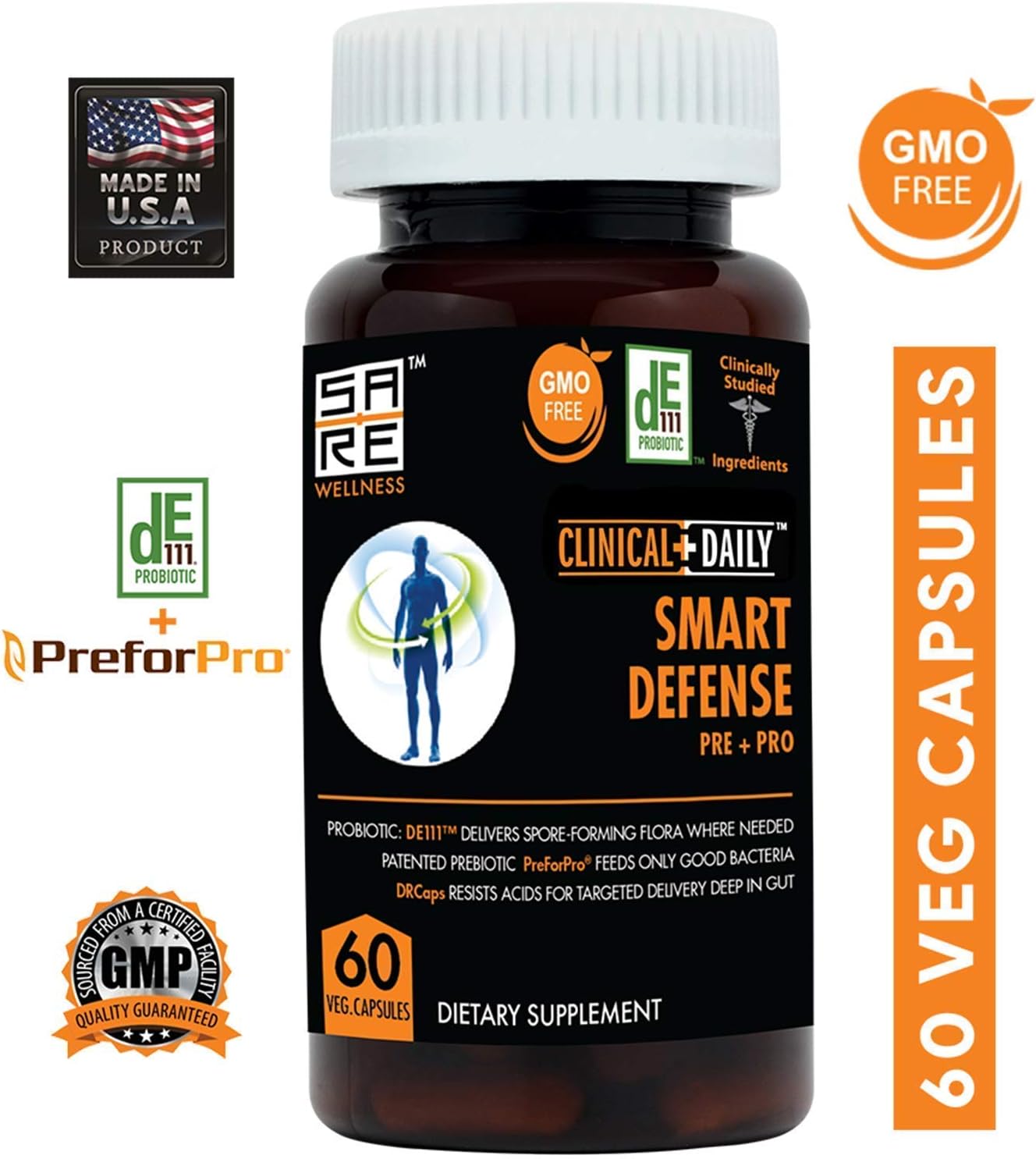 CLINICAL DAILY Smart Defense Pre + Pro. Vegan Probiotics and Prebiotics for Digestive Enzymes Support for Women & Men. Deep Immune Bacillus Subtilis Leaky Gut Supplements. 60 Delayed Release Capsules : Health & Household