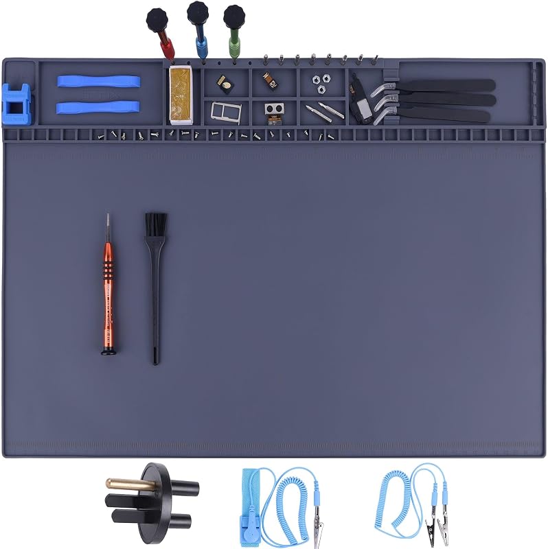 Alfombrilla antiestática premium resistente al calor 932 °F 20.9" x 13.5" con accesorios de conexión a tierra, alfombrilla de trabajo electrónica magnética HPFIX ESD para reparación de computadoras, teléfonos celulares y portátiles