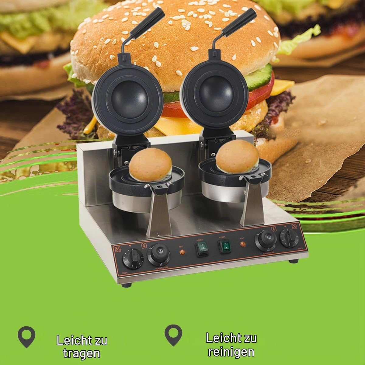 Elektrische UFO-Burger-Presse, Doppelkopf Kommerzielle Antihaftbeschichtete Panini-Presse für Hamburger, 50°C-300°C Temperaturregelung, 0-5 Min Zeiteinstellung für den gewerblichen Heimgebrauch