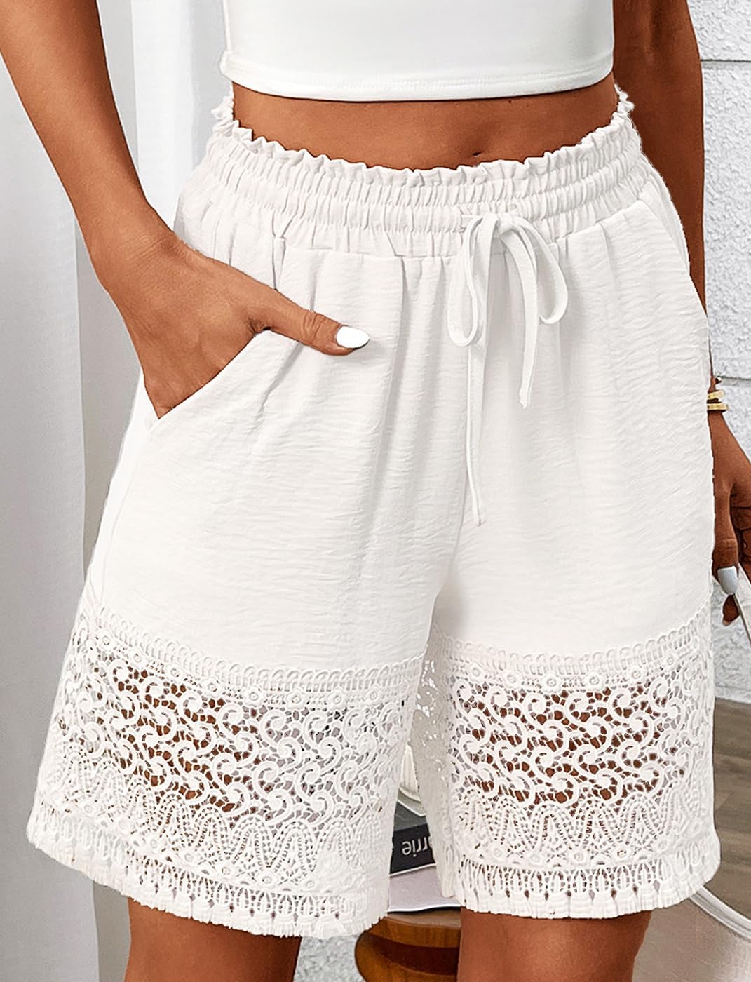 CORSKI Women's Casual Elastic Waist Lounge Shorts Lace Trim Drawstring Summer Beach Shorts with Pockets - Image 3