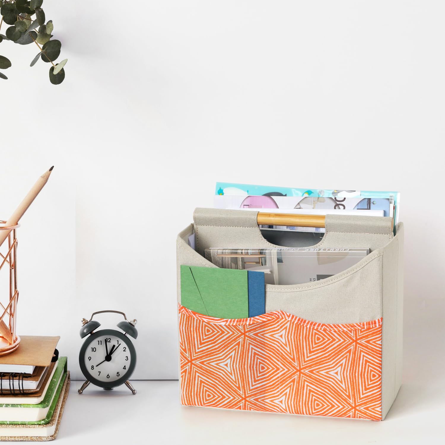 EZDeco Magazine Holder,Boho Foldable Magazine Rack Storage Basket with Bamboo Handles,Holds Multiple Magazines with 3 Pockets,Magazine Basket for Home Office Book,File, Newspaper
