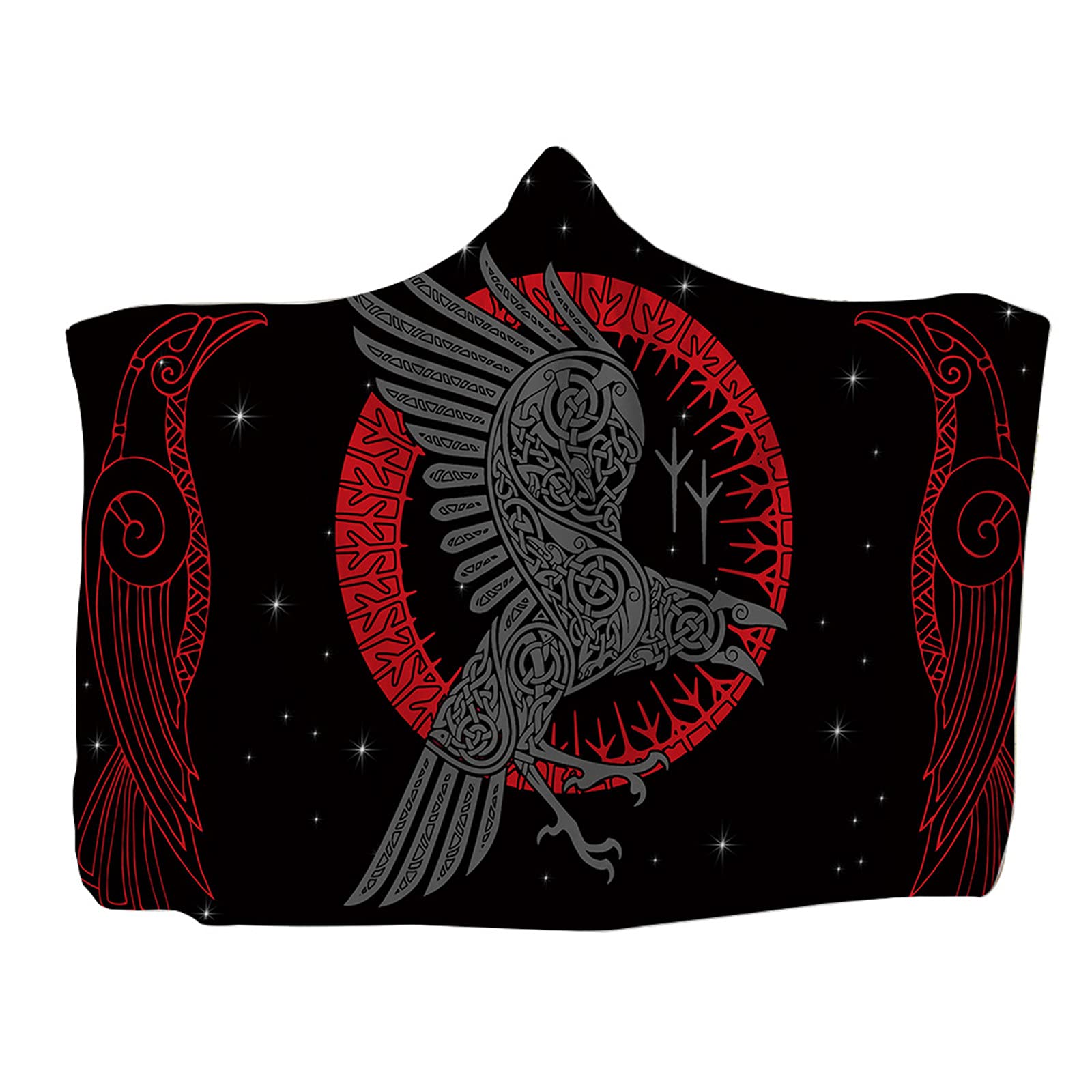 kewing Hooded Throw Blanket Wearable Viking Tattoo Print Flannel Cape Cloak Blanket for Sofa Napping Blankets Childs Adults