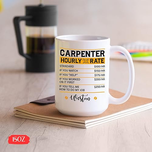 Miniatura 5 de Taza personalizada de carpintero por hora, taza de té de madera con herramientas de carpintero, regalos con nombre personalizado para contratistas,