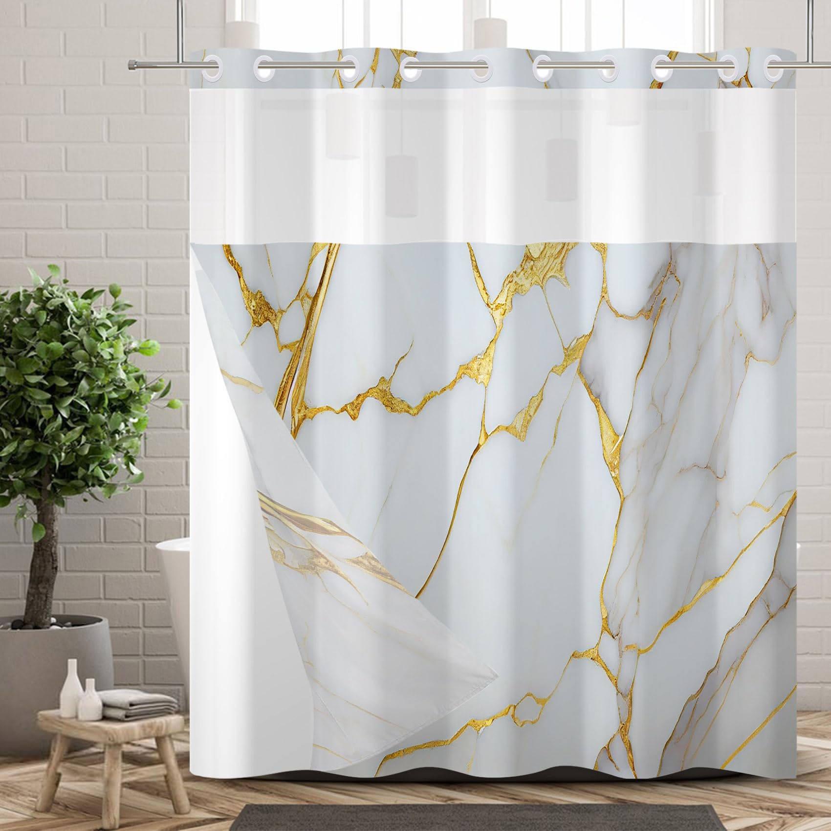 Ttincceer No Hooks Shower Curtain with Snap in Fabric Liner White Gold Marble Hook-less Shower Curtain Waterproof Double Layer Modern Bathroom Curtain with See Through Top Window 71x79inch