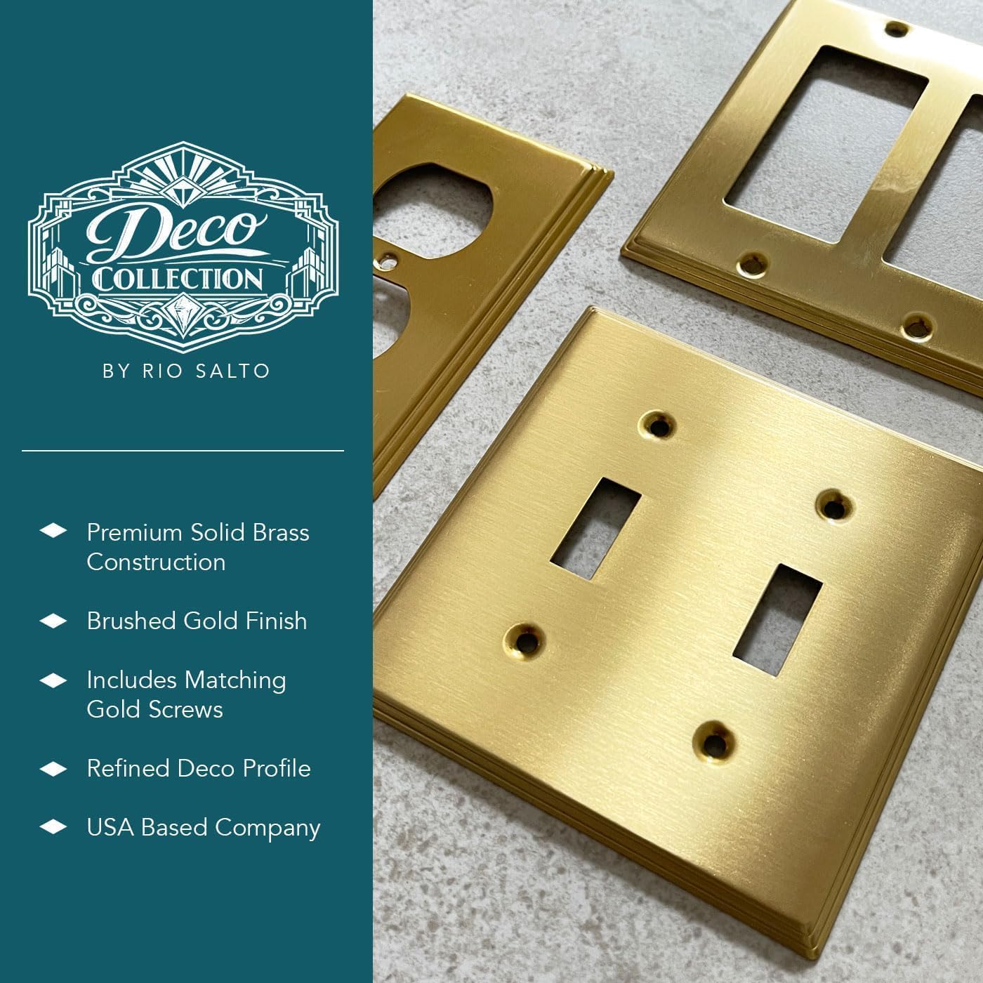 Rio Salto BRASS Modern Metal Gold Light Switch Wall Plate or Outlet Cover Wall Plate Single Receptacle Wallplate Rocker Covers 1 Gang Decoration Brushed Brass 4.50" x 2.76" Standard Size image 2