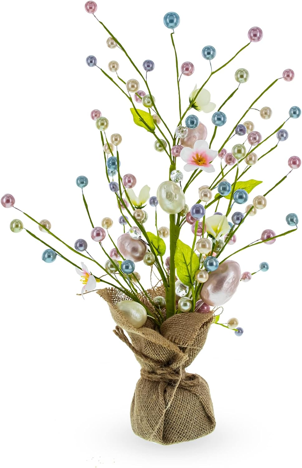 Easter Berry & Egg Floral Arrangement – Rustic Spring Tabletop Centerpiece with Burlap Base