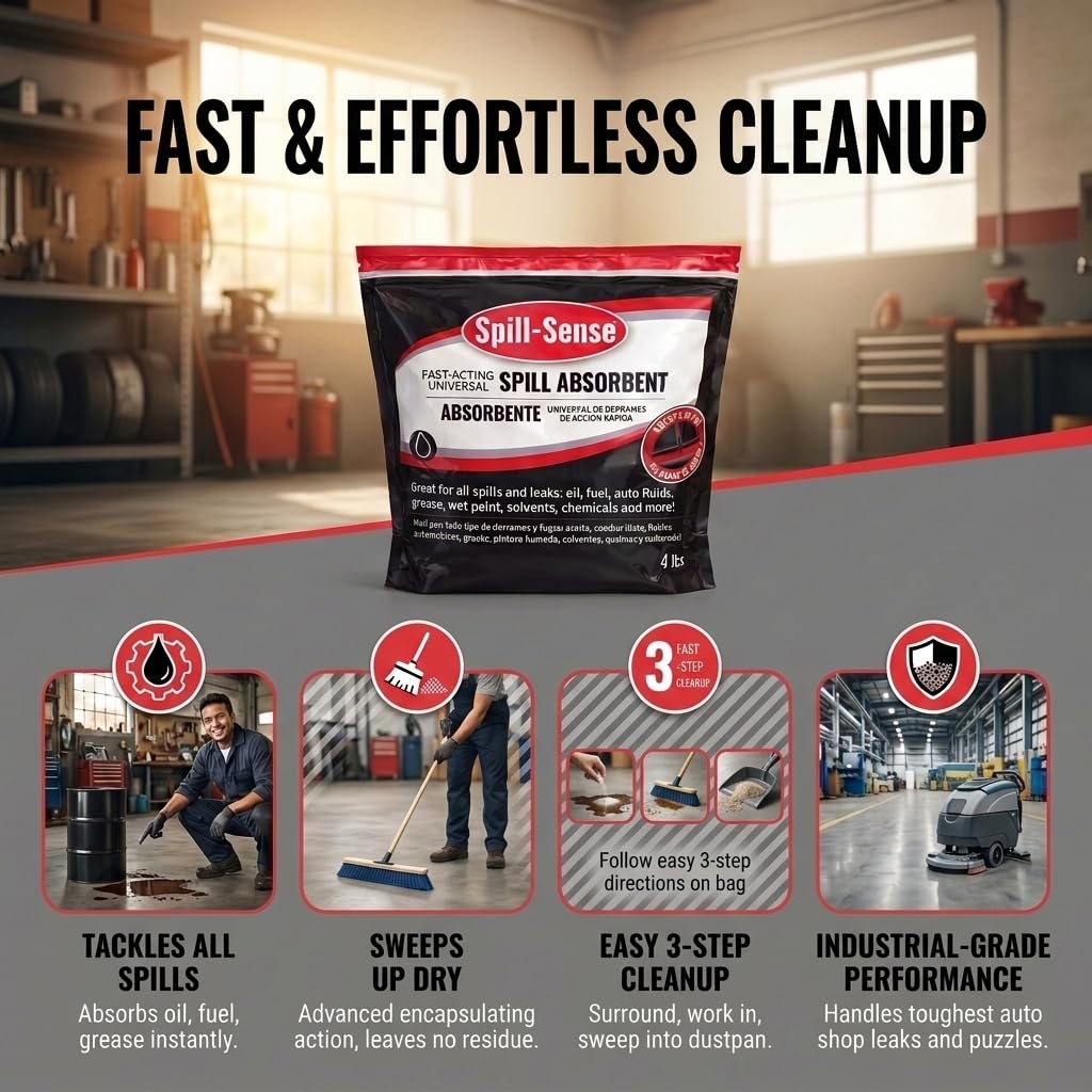 Fast-Acting Universal Spill Absorbent Granules, 4 lbs – Oil, Fuel, Grease, Solvent & Chemical Cleanup, Sweeps Up Dry, No Residue