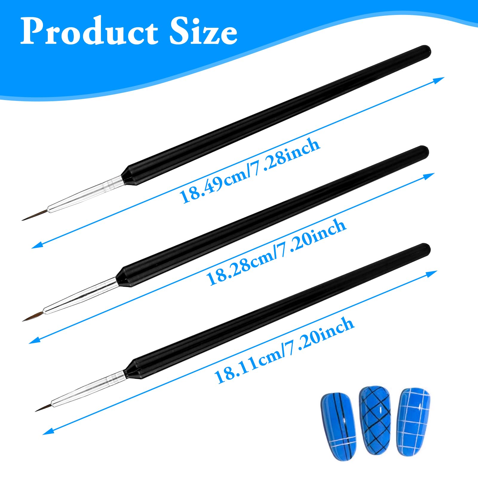 Set di 3 pennelli sottili per nail art, pennelli sottili per nail art in miniatura, pennelli per nail art fai da te, per brevi tratti, dettagli, sfumature, linee allungate