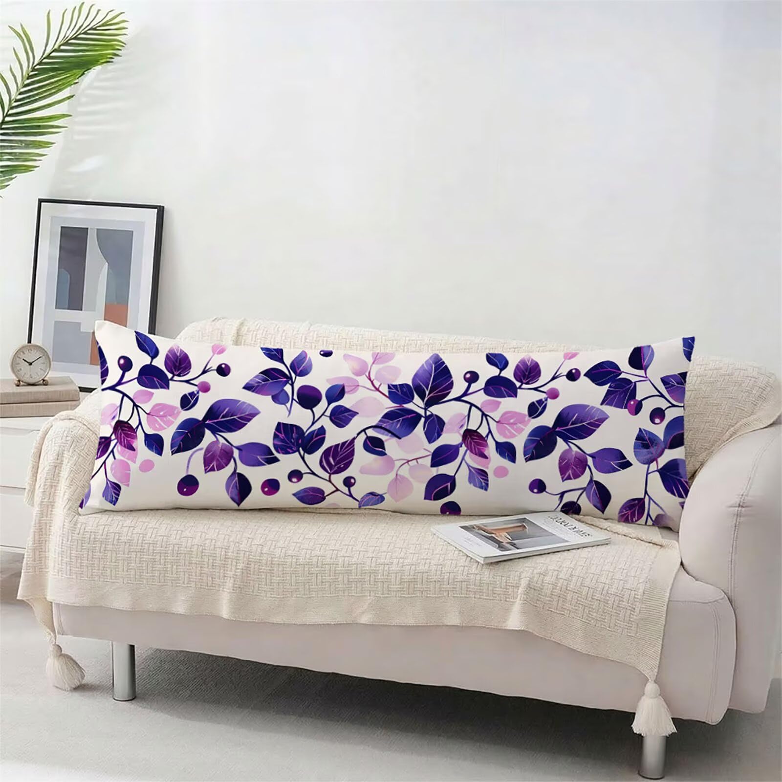 Poduszka do spania na boku 60 x 180 cm, nowoczesna poszewka na poduszkę, lniana poduszka do spania, dla osób śpiących na boku, fioletowa, wzór z nadrukiem z zamkiem błyskawicznym, do salonu, sypialni
