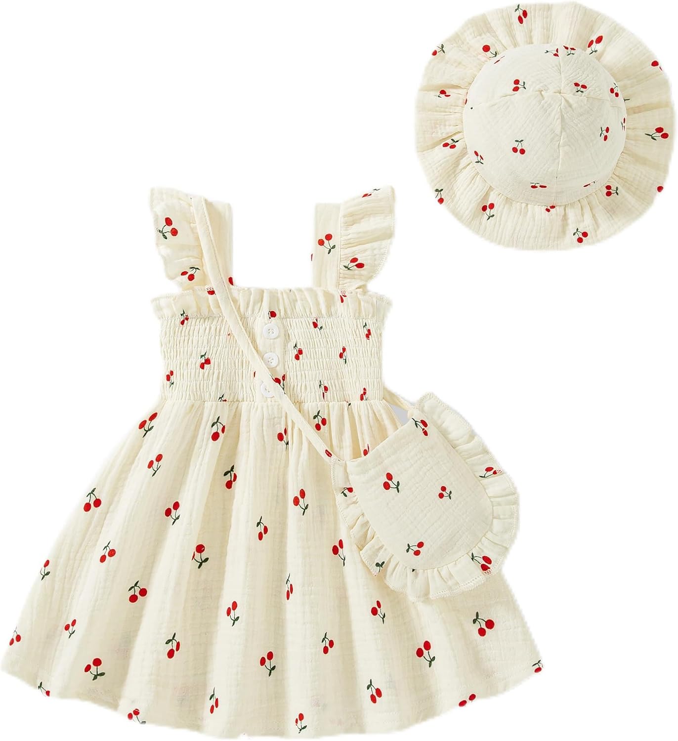 Vibebox Baby Girl Ruffle Sleeveless Dresses Newborn Girls Summer Button Dress Birthday Gifts Clothes with Cute Hat and Bag