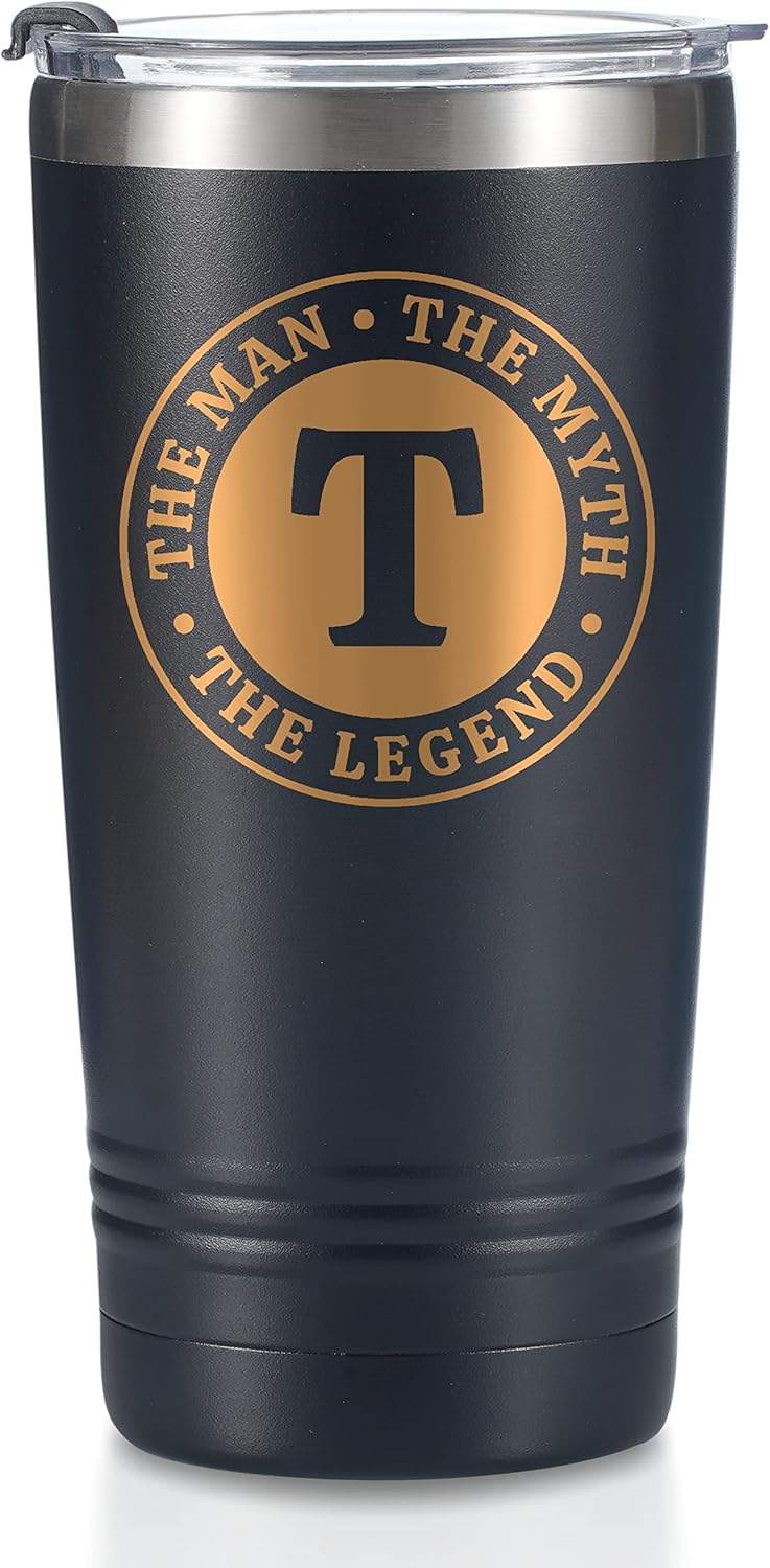 the Man the Myth the Legend Mug with Initials, Monogrammed Stainless Steel Travel Tumbler for Men, Funny Personalized Coffee Cup, Custom Beer Glass, Unique Birthday Christmas Gifts for Him, 20 oz, T