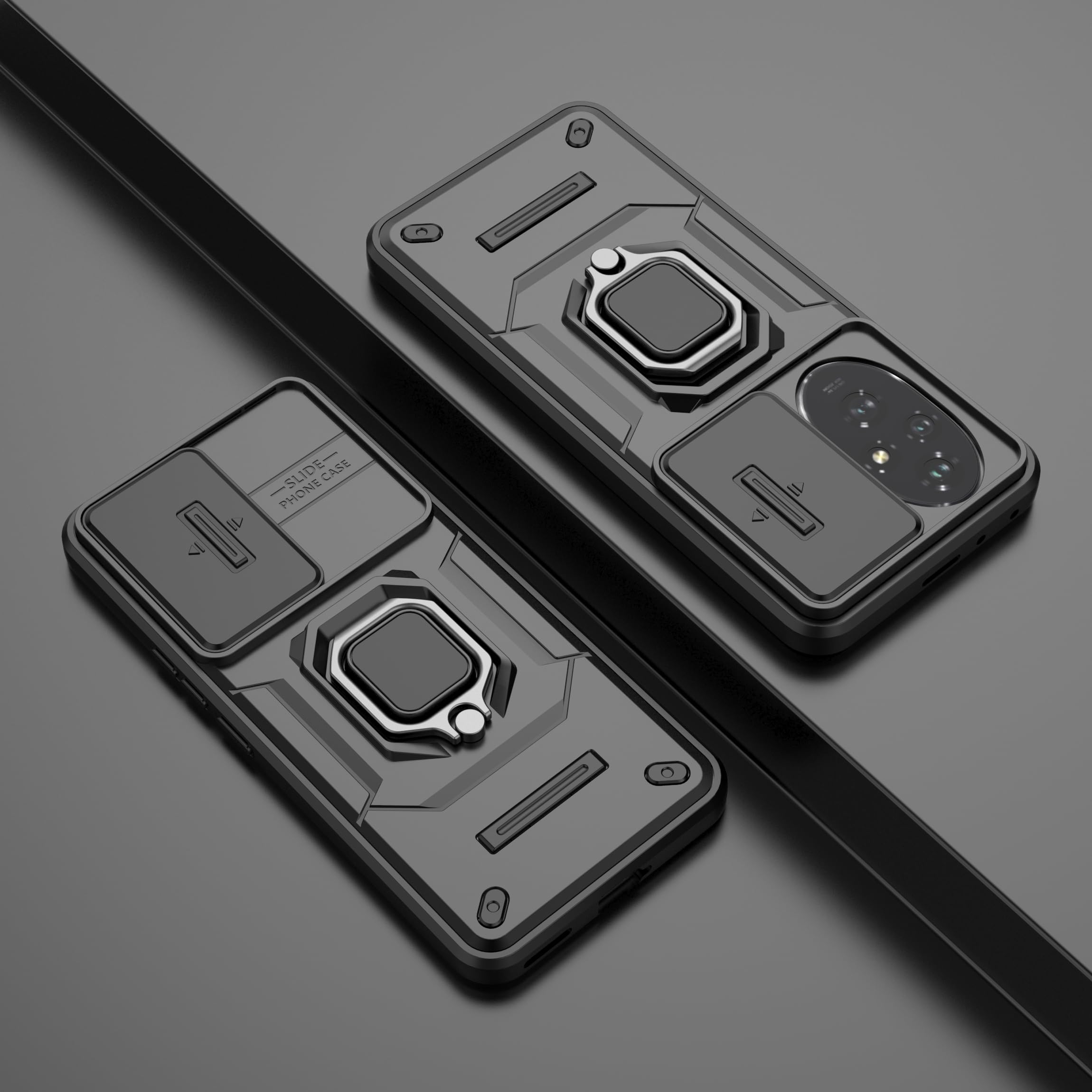 SORAKA Case for Honor 200 with Ring Holder and Slide Camera Cover Honor 200 Case with Metal Plate for Magnetic Car Mount Double-Layer Protective case in Hard PC and Soft TPU Black