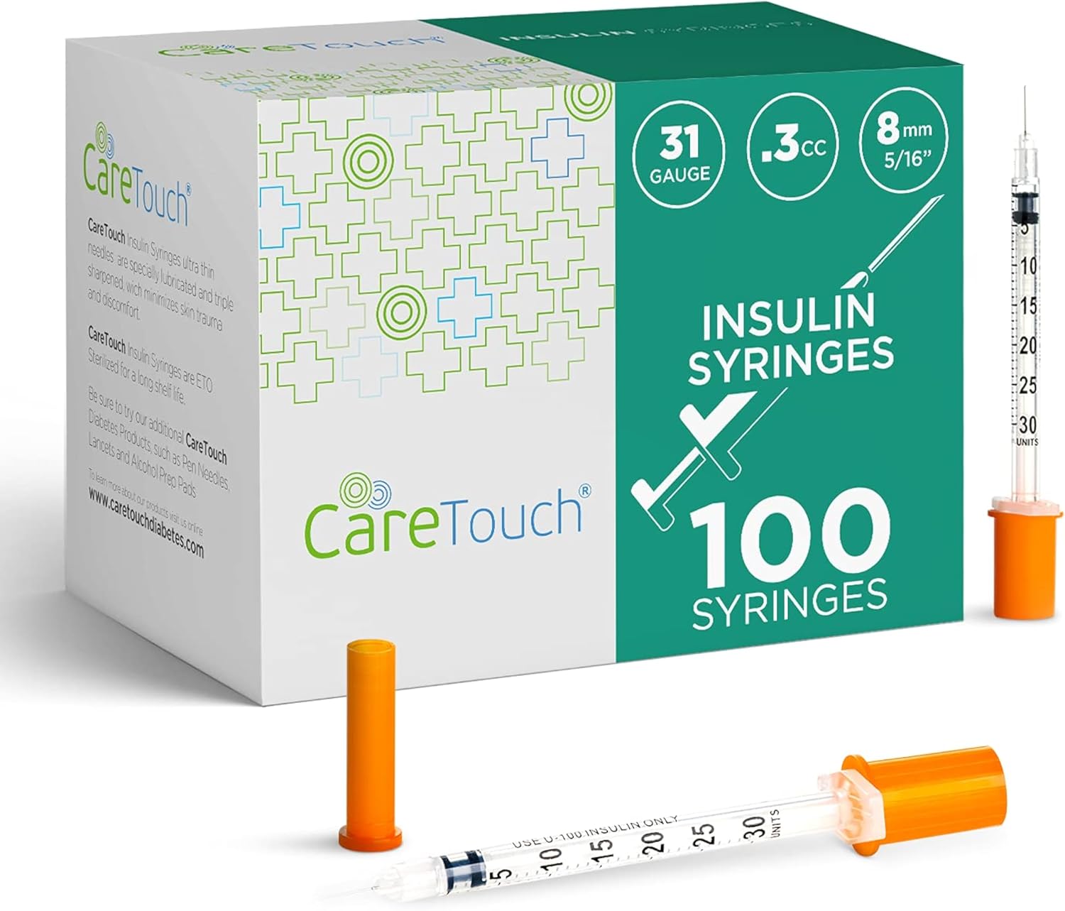 Care Touch - Insulin Syringes - 31g 5/16" - 8 mm .3 cc - 31 Gauge 5/16 Inch Syringe Insulin Needles - (Pack of 100)