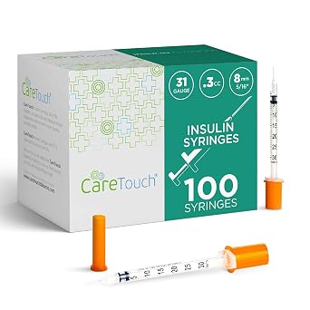 Care Touch - Insulin Syringes - 31g 5/16" - 8 mm .3 cc - 31 Gauge 5/16 Inch Syringe Insulin Needles - Pack of 100