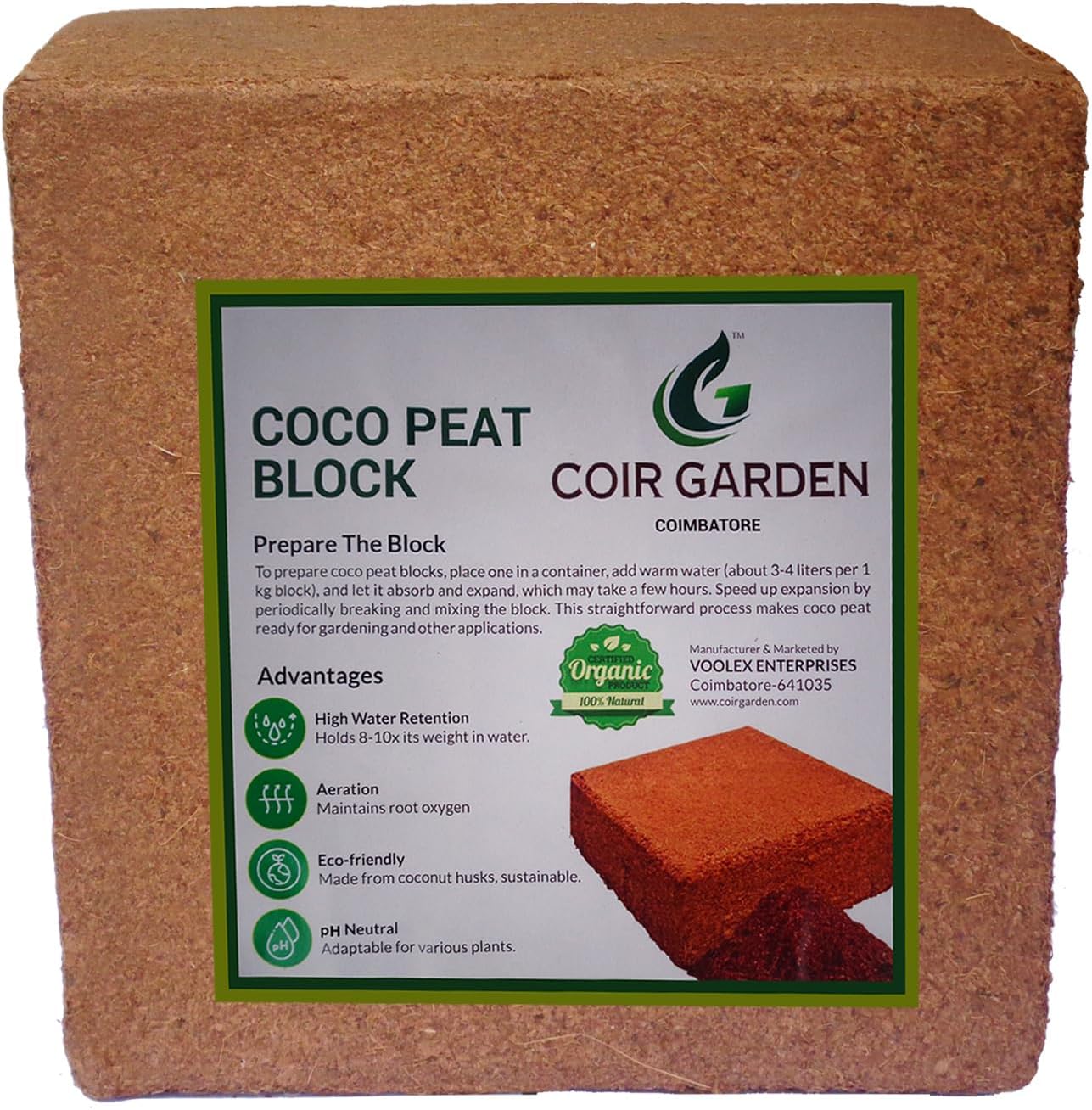 COIR GARDEN - Cocopeat Block 5 KG (Pack of 1) - Expands Upto 75 litres - Soil Manure Potting Mixture for Terrace and Kitchen Gardening