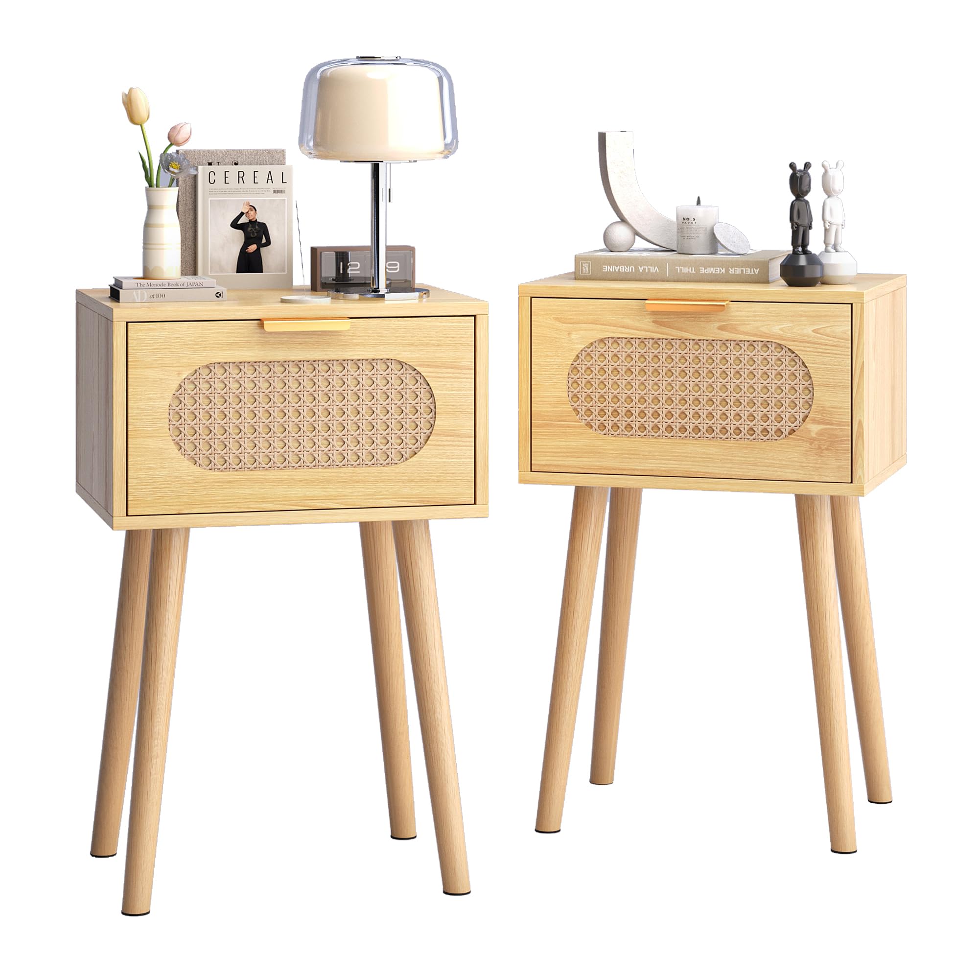 Photo 1 of HUMTRIQ Nightstands Set of 2, Bedside Table with Rattan Door, Boho End Table with Solid Wood Legs for Bedroom, Living Room, Small Space Nightstands, Natural Color, HNS001NLPNPMGQ3827571
