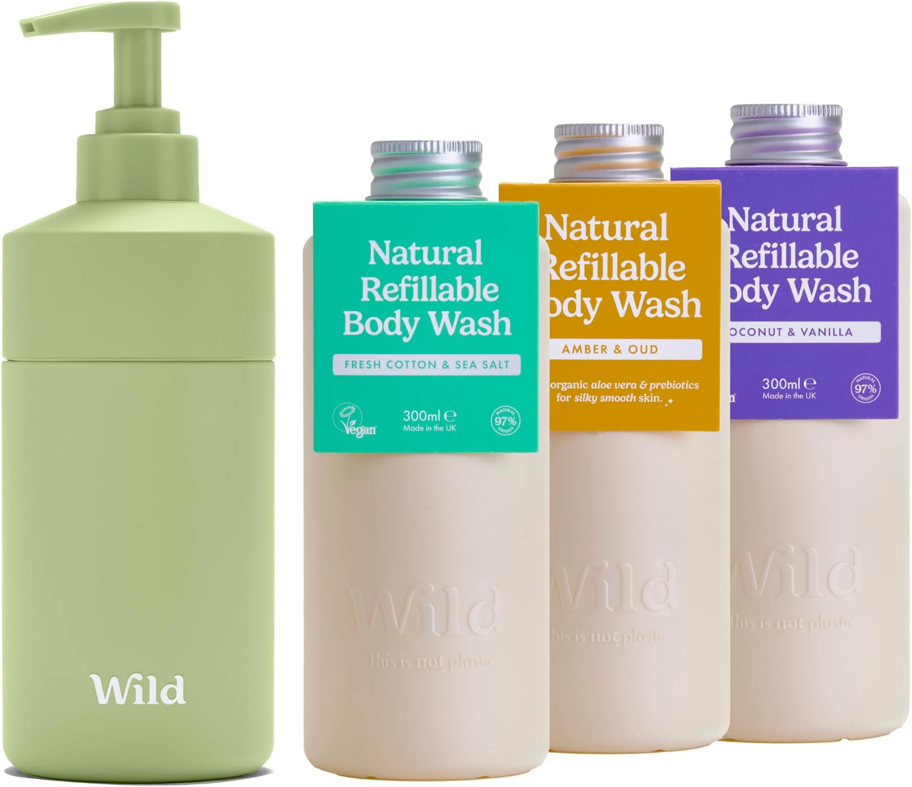 WildNatural Refillable Body Wash Starter Kit - Includes Sage Green Aluminium Case & 3 Pack Shower Gel Refills in a Variety of Scents - Includes Coconut & Vanilla, Fresh Cotton and Amber & Oud Scents