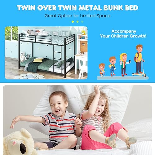 Miniatura 5 de GOFLAME Litera de tamaño individual sobre individual, litera con marco de metal con escalera y barandilla de protección, marco de cama con listones