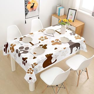 Homewish Kawaii Dog Cat Table Cloth,Pet Paw Love Printed Tablecloths Kids Boys Girls Kitchen Decor,Happy Valentine's Day Table Accessories,Animal Footprint White Table Cover,55"x55"