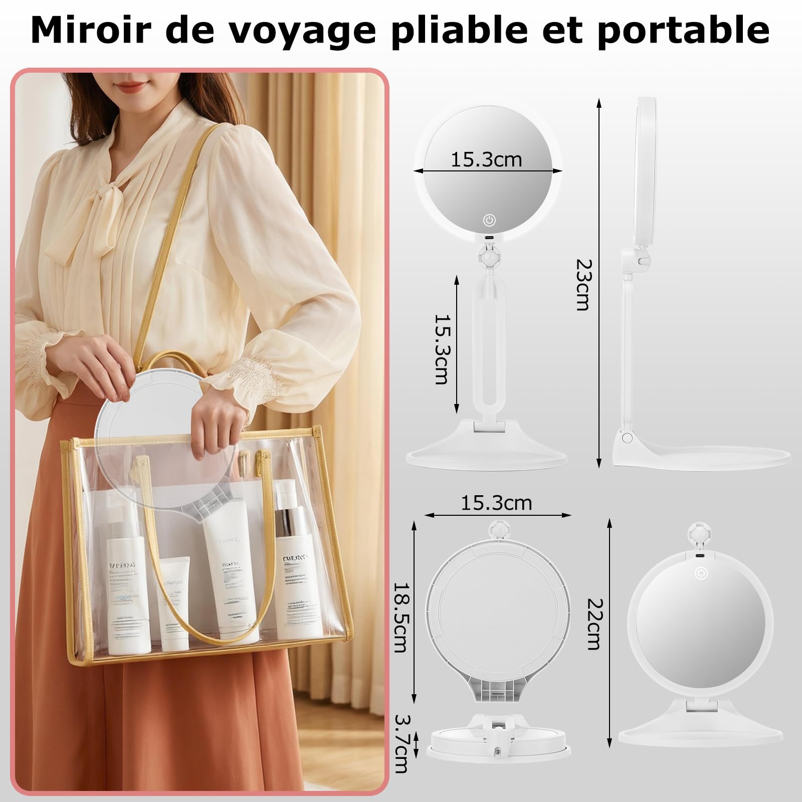 Specchio d'ingrandimento con illuminazione 10X/1 x doppio lato ricaricabile LED 3 colori portatile pieghevole per trucco viaggio bagno (bianco)