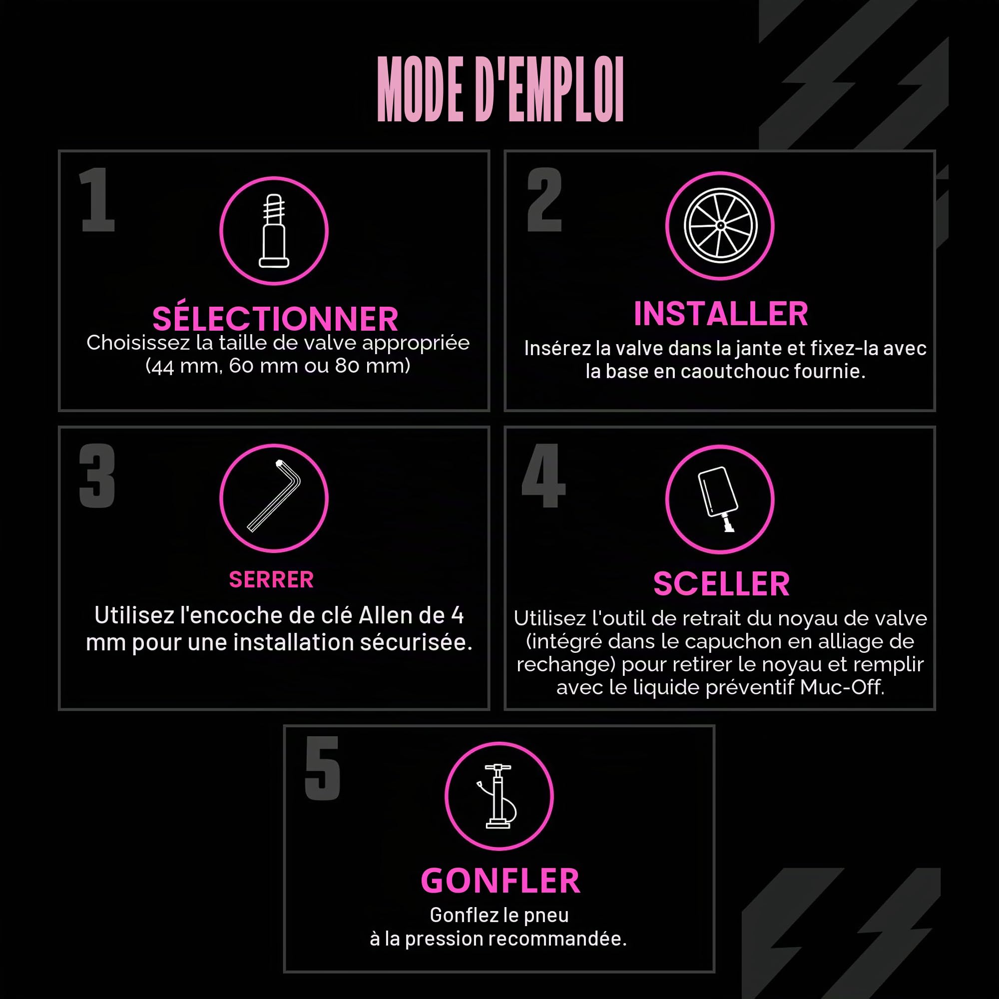 Muc-Off Valves Presta Tubeless - 60 mm - Valves de Vélo Anti-Fuite de Qualité Supérieure avec Outil Démonte-Obus de Valve Intégré - Noir