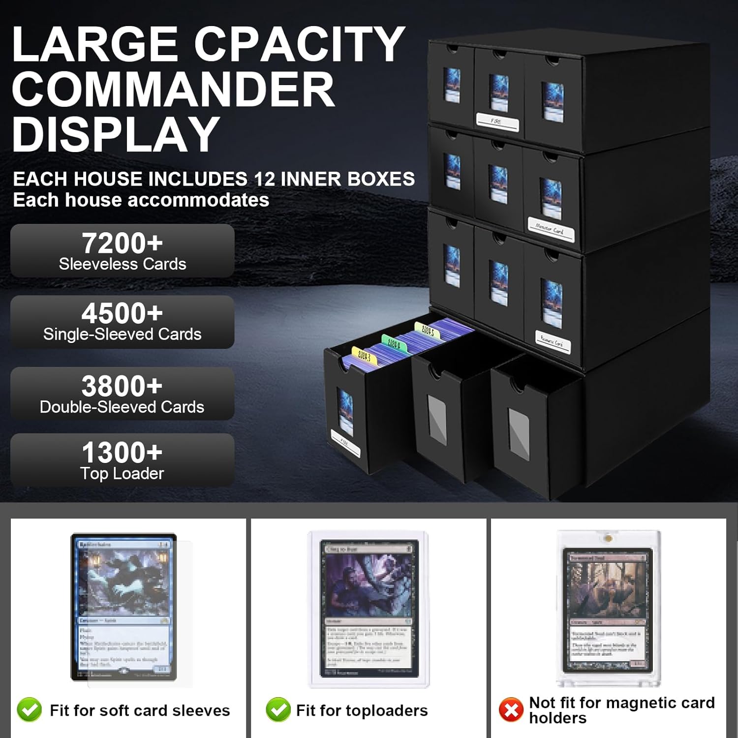 Color Black 7200  Card Storage Box, 1300  Toploader Storage Box for Commander Display,with 48 Dividers, Labels & Tapes,Fit for TCG, PTCG, MTG