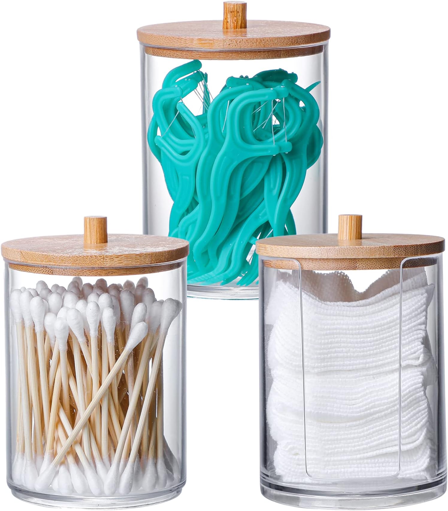 3PCS Cotton Pad Holder with Bamboo Lid for Bathroom Storage, Acrylic Cotton Swab Dispenser, Clear Round Cotton Wool Bud Jar for Vanity, Small Qtip Container, Makeup Organiser Set