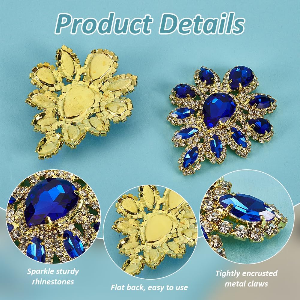 FINGERINSPIRE 4 PCS Rhinestone Applique Blue Teardrop Shape Rhinestone Appliques 2.2x1.7 inch Rhinestone Bead Flower Applique for DIY Clothing Handmade Bridal Wedding Dresses