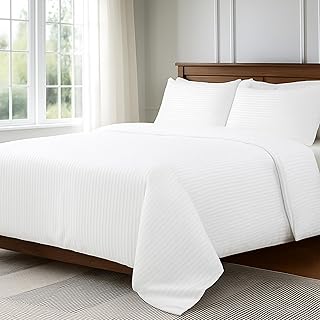 LINENOVA Luxury Striped Queen Quilt Cover Set – 3-Piece Hotel Quality, 2000TC Ultra-Soft Microfiber Duvet Cover – White