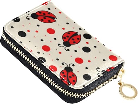 OTVEE RFID Credit Card Holder Case, Microfiber Leather Zipper Card Wallet for Women Ladybugs