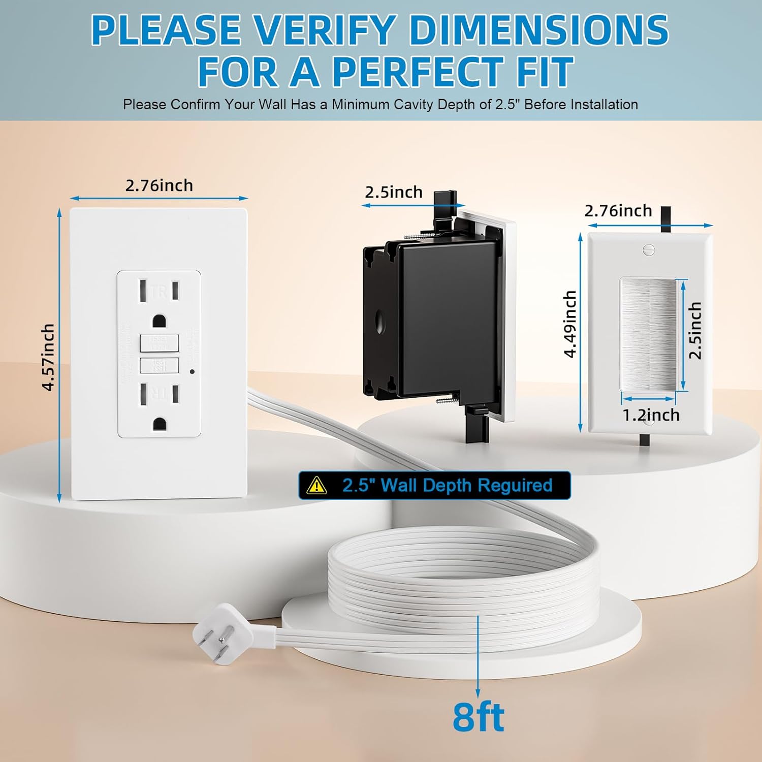 in Wall Cable Management Kit,2 AC GFCI Outlet 15 amp,TR Tamper Resistant GFCI Receptacle with LED Indicator Light,8ft Cord,TV Wire Hider for Wall,UL Listed