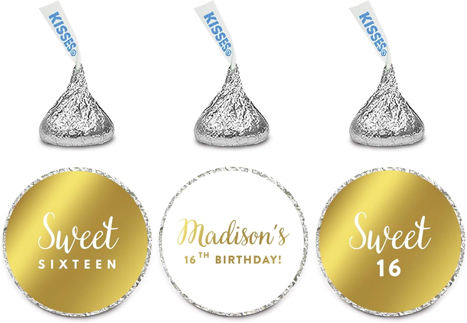 Andaz Press Personalized Chocolate Drop Labels Trio, Metallic Gold Ink, Sweet 16 Birthday, 216-Pack, Fits Kisses, Custom Made Any Name