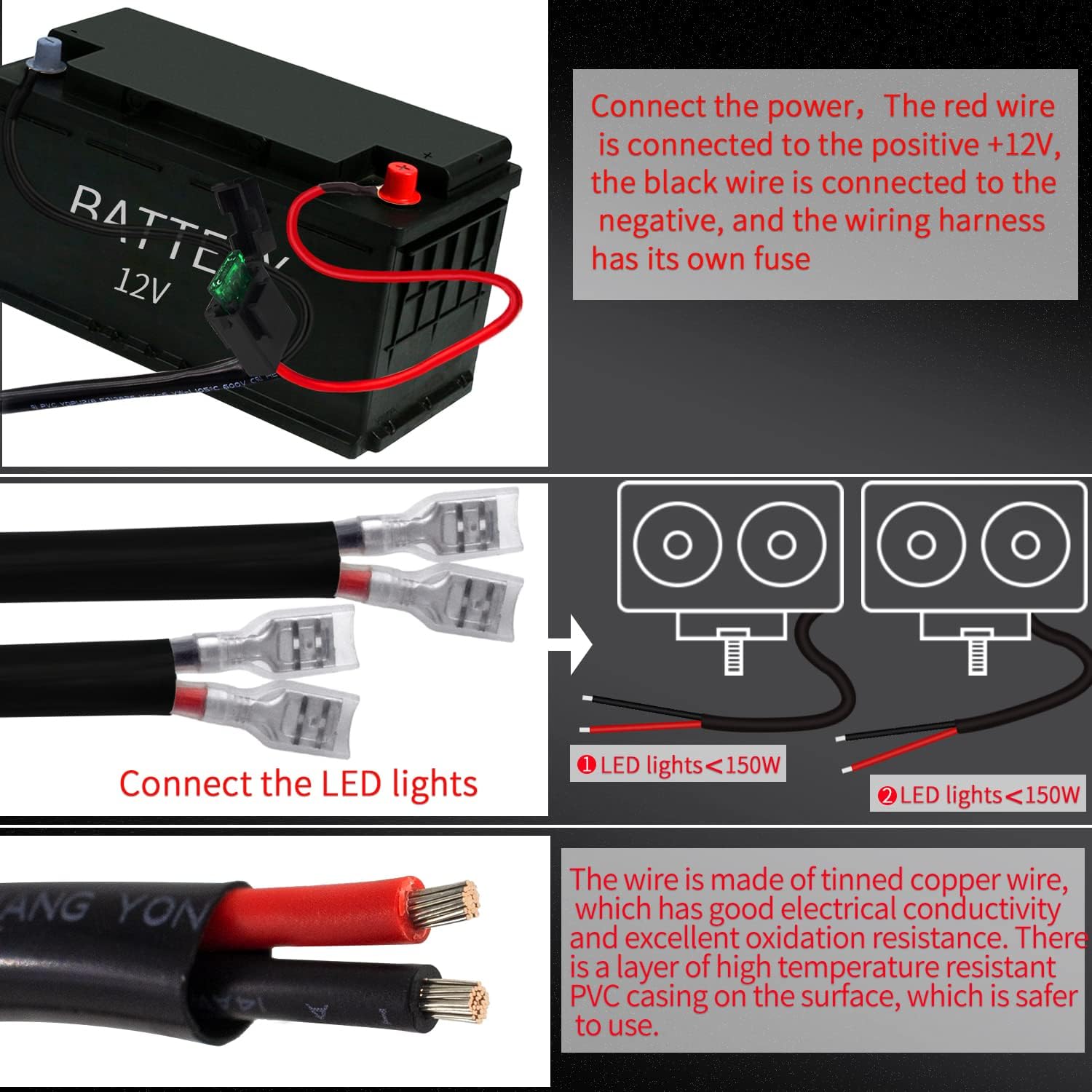 LED Lights Bar Remote Control Wiring Harness Kit 2 Leads DC12V On-Off Switch Power Relay Blade Fuse 14AWG Core Cable Wiring Harness Kit fit for LED Driving Lights Bar Work Auxiliary Lights