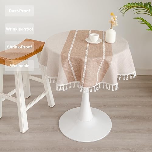 Miniatura 4 de Hpxrom Mantel redondo pequeño rústico con borlas de lino y algodón, color café claro, estilo bohemio, mantel de arpillera pesado para mesa de té,