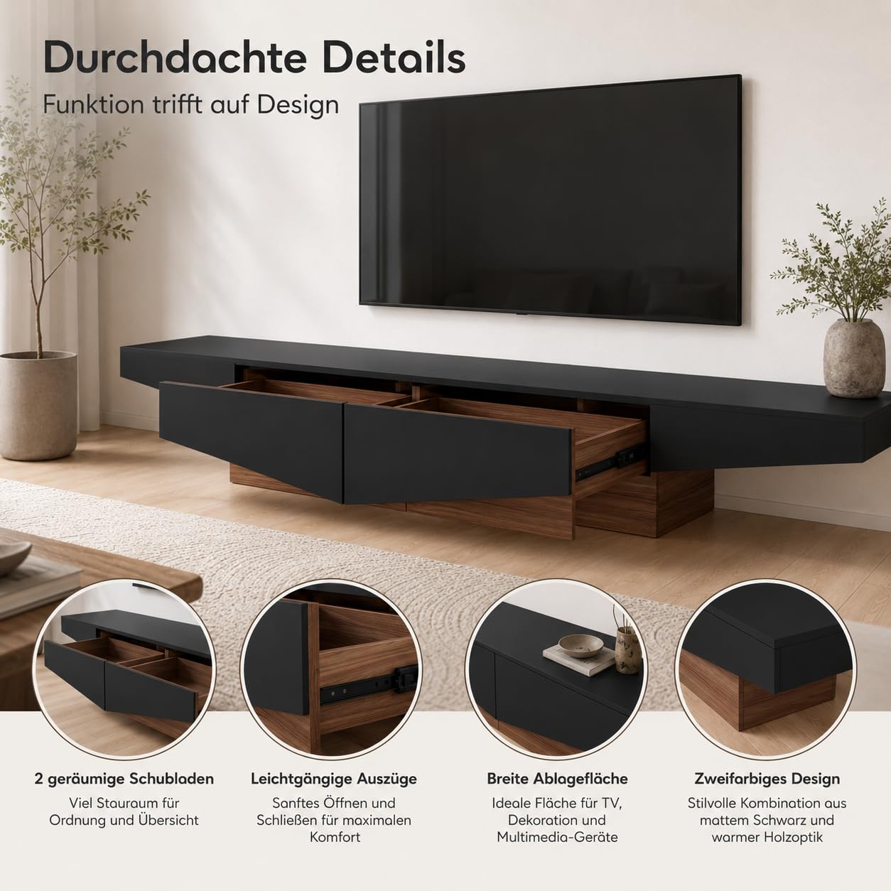 Caldion Modernes TV-Lowboard TV-Schrank mit 2 Schubladen Fernsehtisch mit Tischplatte Fernsehschrank TV-Ständer für Wohnzimmer Schlafzimmer MDF Braun und schwarz 200x40x30cm