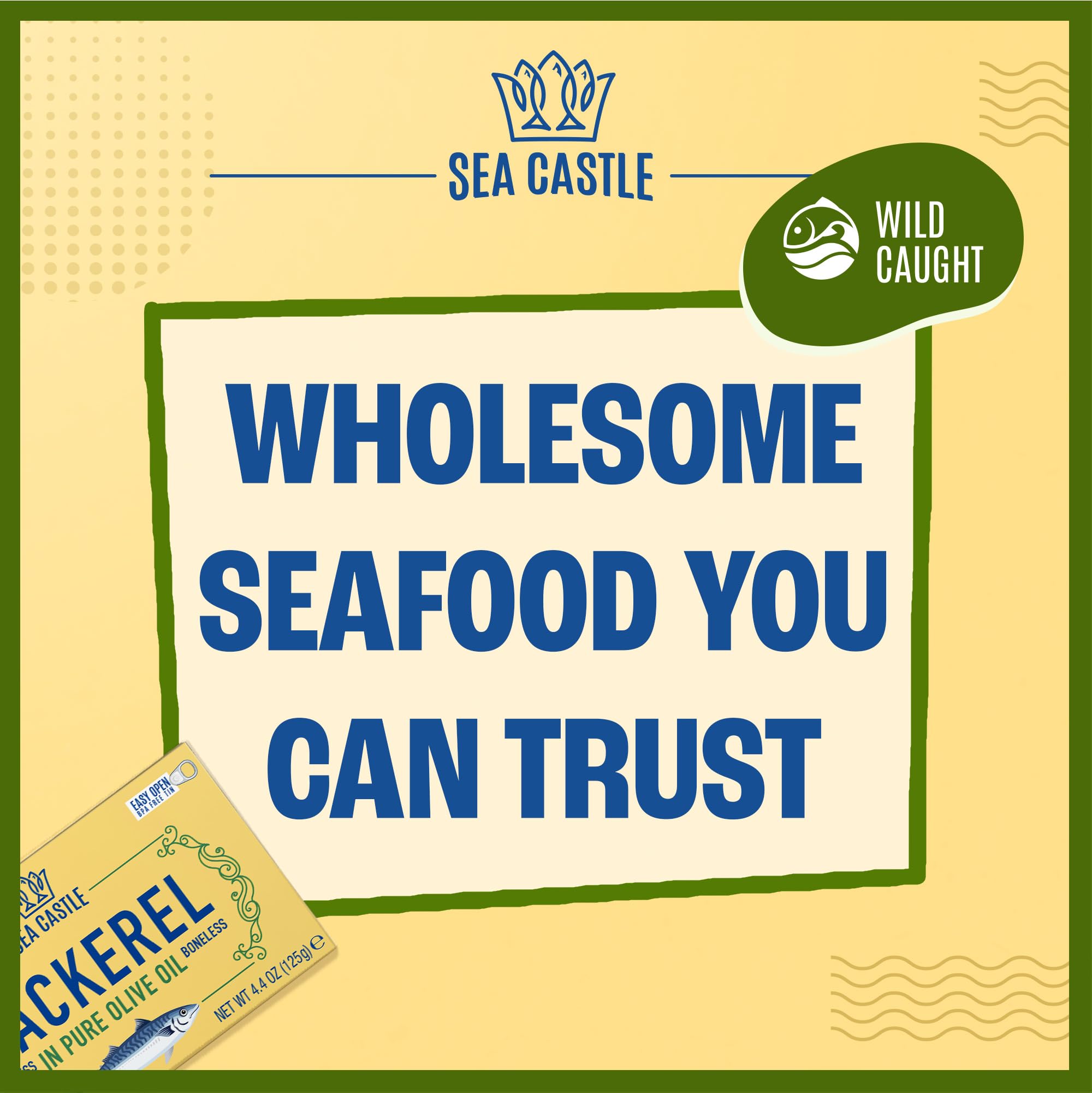 Sea Castle Mackerel in Olive Oil, 4.4oz (6 Pack) | Skinless & Boneless Canned Fish | Wild Caught Canned Mackerel Fillets | Packed with Vitamins | Non-GMO | Kosher