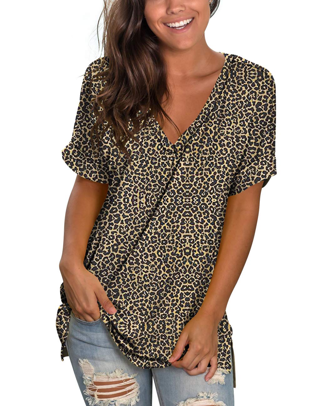 Women's V Neck T Shirts Short Sleeve Side Split Summer Casual Tops