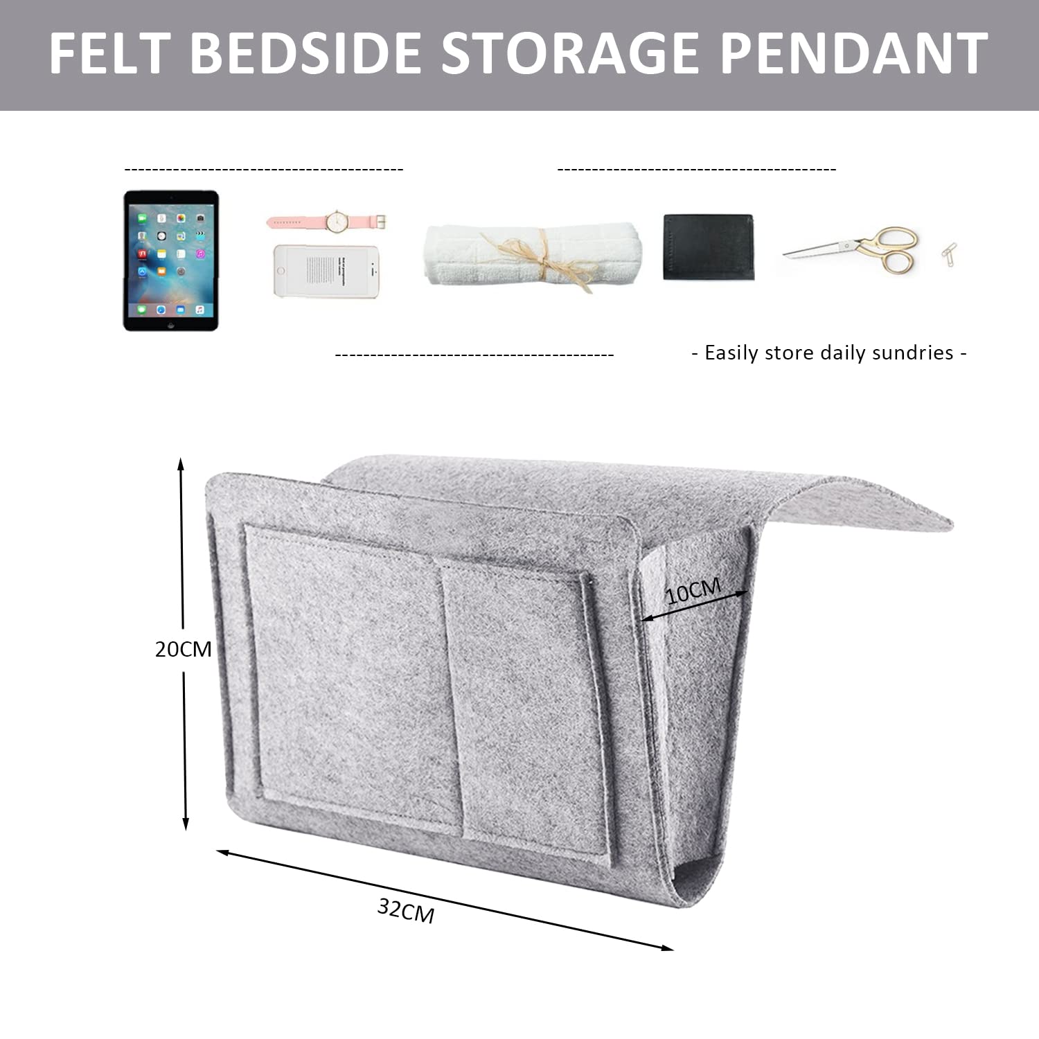 Bolsa de almacenamiento de fieltro para cabecera, organizador de noche, varios bolsillos, para revistas, libros, teléfono móvil, mando a distancia (gris)